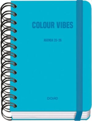 Dohe Colour Vibes Agenda Escolar 25/26 Espiral Wire’o A6 - Dia Pagina - Papel 80g/m2 - 4 Hojas de Pegatinas - Cubierta de Carton Plastificado - Cierre con Goma Elastica - Color Azul Cyan