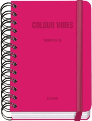 Dohe Colour Vibes Agenda Escolar 25/26 Espiral Wire’o A6 - Dia Pagina - Papel 80g/m2 - 4 Hojas de Pegatinas - Cubierta de Carton Plastificado - Cierre con Goma Elastica - Color Rosa