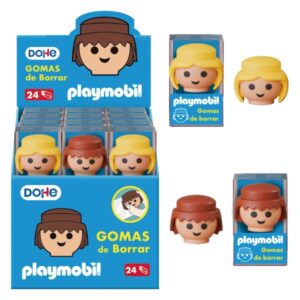 Dohe Playmobil Expositor de 24 Gomas de Borrar - Fabricadas en PVC - Con Forma de los Muñecos Playmobil