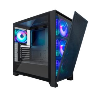 Coolbox GE2000 DualView Caja Torre ATX, Micro ATX, Mini-ITX - Frontal Doble Intercambiable - Lateral Cristal Templado - Tamaño HDD 2.5", 3.5" - USB-A 3.0, USB-C y Audio - 4 Ventiladores ARGB 120mm - Soporta Refrigeracion Liquida - Color Negro