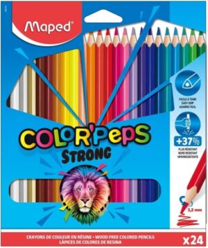 Maped Color´Peps Strong Pack de 24 Lapices Triangulares de Colores - Mina 3,2mm - Sin Madera - Punta Ultra Resistente - Colores Surtidos