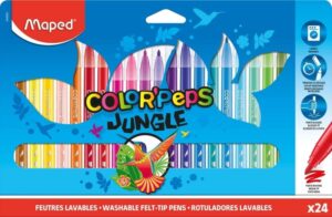 Maped Color´Peps Jungle Pack de 24 Rotuladores con Punta Media Bloqueada 2mm - Ojival, Suave y Flexible - Tinta Lavable - Colores Surtidos