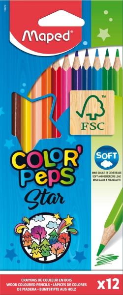 Maped Color´Peps Star Pack de 12 Lapices de Colores Triangulares - Mina Suave - Madera Certificada FSC - Colores Surtidos