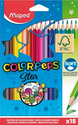 Maped Color´Peps Star Pack de 18 Lapices de Colores Triangulares - Mina Suave - Madera Certificada FSC - Colores Surtidos