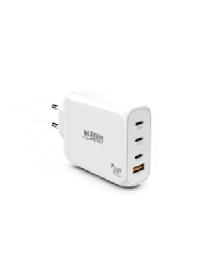Urban Factory Powee Cargador USB-C GaN de 100W - 3 Puertos USB-C de 65W + 1 Puerto USB-A de 18W - Carga Rapida - Color Blanco