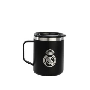 Safta Real Madrid 2ª Equipacion 24/25 Taza de Acero Inoxidable 350ml - Doble Pared con Aislamiento - Base de Silicona - Conserva Temperatura 12h Caliente / 24h Caliente - 10.7x8.4x8.4cm - Color Negro
