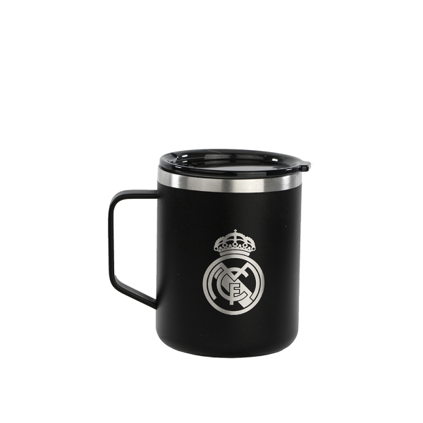 Safta Real Madrid 2ª Equipacion 24/25 Taza de Acero Inoxidable 350ml - Doble Pared con Aislamiento - Base de Silicona - Conserva Temperatura 12h Caliente / 24h Caliente - 10.7x8.4x8.4cm - Color Negro