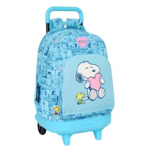 Safta Snoopy Love Mochila con Carro Integrado - Extraible para Facilitar su Limpieza - Base Reforzada - Asa Extraible - 33x45x22cm - Color Azul Claro