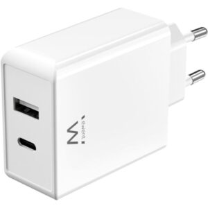 Ewent EW1328 Cargador GaN Universal de Pared 45W Ultrarapido - 1x USB-C PD & PPS, 1x USB-A QC - Color Blanco