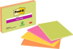 Post-It Super Sticky Pack de 4 Blocs de 45 Notas Adhesivas Reposicionables - Forma Rectangular - 152x203mm - Colores Surtidos