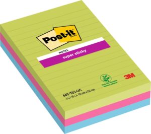 Post-It Super Sticky Pack de 3 Blocs de 90 Notas Grandes Adhesivas Reposicionables - con Lineas - 100% PEFC - Colores Surtidos