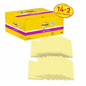 Post-It Super Sticky Pack de 16 Blocs de 90 Notas Adhesivas Reposicionables - Forma Rectangular - 76x127mm - Color Amarillo Claro