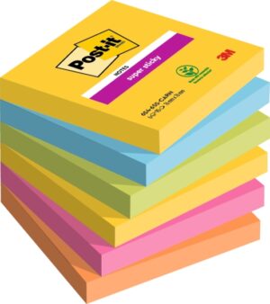 Post-It Super Sticky Pack de 6 Blocs de 90 Notas Adhesivas Reposicionables - Forma Cuadrada - 76x76mm - Colores Surtidos