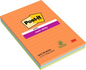 Post-It Super Sticky Pack de 3 Blocs de 45 Notas Adhesivas Reposicionables - Forma Rectangular - 101x152mm - Colores Surtidos