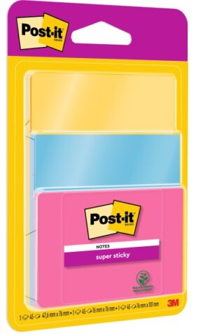 Post-It Super Sticky Pack de 3 Blocs de 45 Notas Adhesivas Reposicionables - Forma - Colores Surtidos