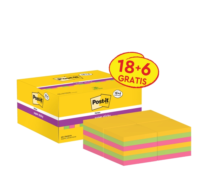 Post-It Super Sticky Pack de 24 Blocs de 90 Notas Adhesivas Reposicionables - 47.6x47.6mm - Promocion 18 Blocs + 6 Gratis - Colores Surtidos