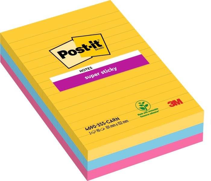 Post-It Super Sticky Pack de 3 Blocs de 90 Notas Adhesivas Reposicionables - Forma Rectangular - 101x152mm - Colores Surtidos