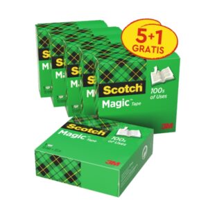 Scotch Magic Pack de 6 Cintas Adhesivas Invisible - 19mm x 33m - Promocion 5 + 1 Gratis - Color Transparente