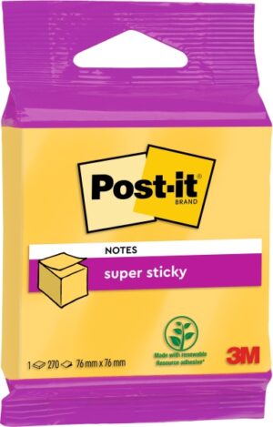 Post-It Super Sticky Cubo de 270 Notas Adhesivas Reposicionables - Forma Cuadrada - 76x76mm - Color Amarillo