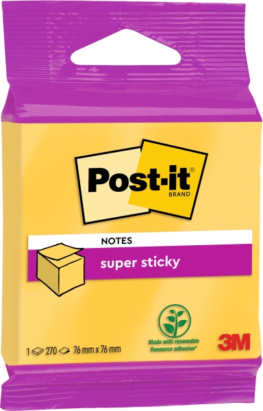 Post-It Super Sticky Cubo de 270 Notas Adhesivas Reposicionables - Forma Cuadrada - 76x76mm - Color Amarillo