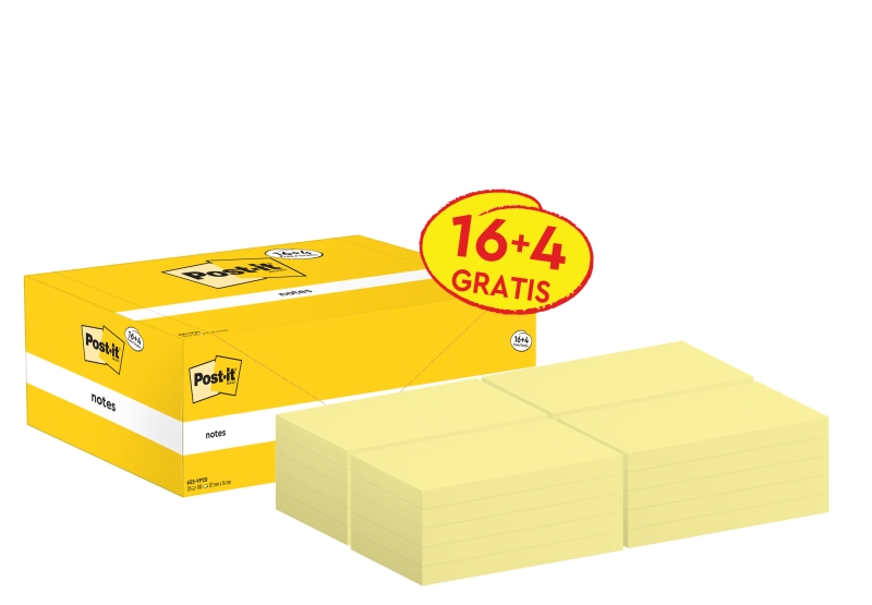 Post-It Pack de 20 Blocs de 100 Notas Adhesivas Reposicionables - Forma Rectangular - 76x127mm - Color Amarillo Claro