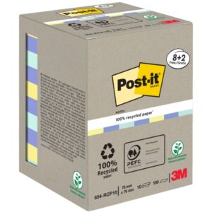 Post-It Pack de 10 Blocs de 100 Notas Adhesivas Recicladas - Forma Cuadrada - 76x76mm - Colores Surtidos