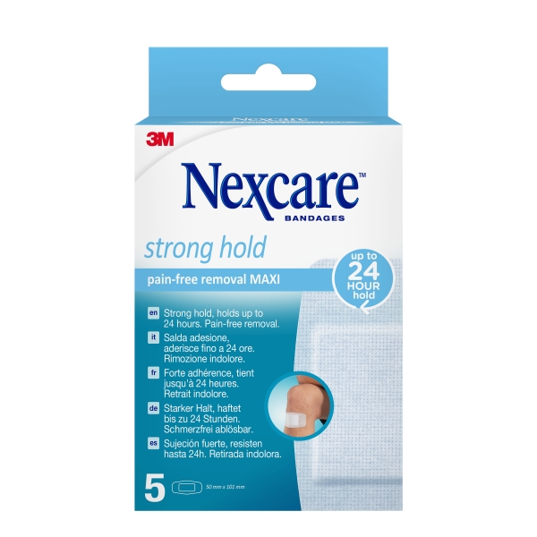 Nexcare Strong Hold Pack de 5 Apositos para Heridas - 50x101mm - Retirada Sin Dolor - Reposicionables - para Pieles Delicadas - Color Blanco