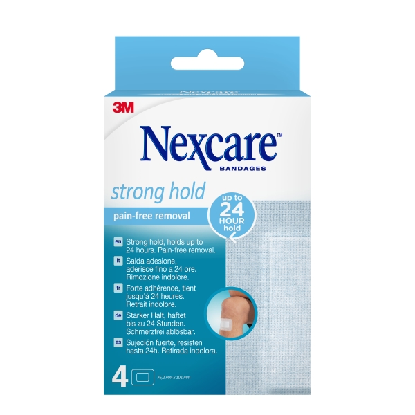 Nexcare Strong Hold Pack de 4 Apositos para Heridas - 76.2x101mm - Retirada Sin Dolor - Transpirables - Reposicionables - Color Blanco
