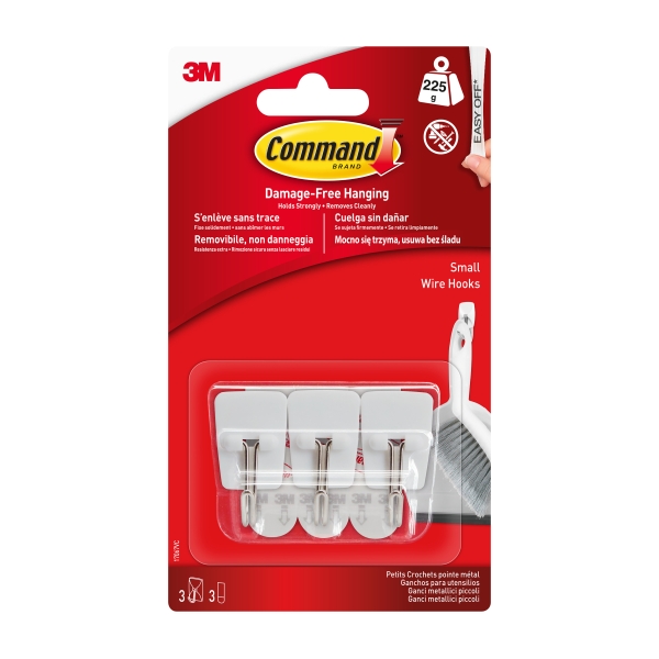 Command Pack de 3 Ganchos Compactos - Punta de Alambre - 3 Tiras Adhesivas - Soporta hasta 225G - Talla S - Color Blanco