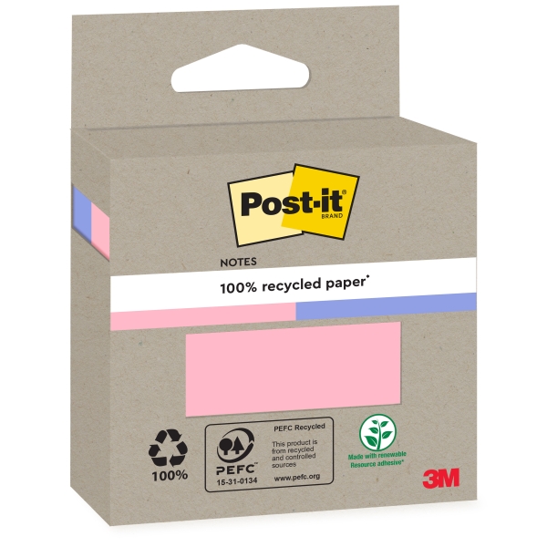 Post-It Pack de 2 Blocs de 100 Notas Adhesivas Recicladas - Forma Cuadrada - Colores Surtidos