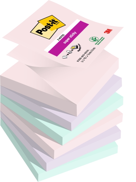 Post-It Super Sticky Pack de 6 Blocs de 90 Notas Adhesivas Reposicionables - Forma Cuadrada - 76x76mm - en Zig-Zag - Colores Surtidos