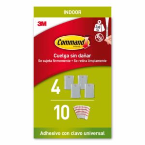 Command Universal Soporte Adhesivo con Clavo para Colgar - 4 Ganchos - 10 Tiras - Grande - Soporta hasta 3.6kg - Color Gris