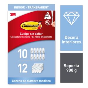 Command Pack de 10 Ganchos Mediano - 12 Tiras Adhesivas - Punta Metalica - Soporta hasta 0.9kg - Uso en Interior - Color Transparente