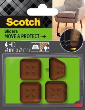 Scotch Move and Protect Pack de 4 Patines Deslizantes con Clavo - 24x24mm - Soporta hasta 100kg - Color Marron