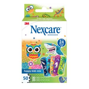 Nexcare Happy Kids Mix Pack de 50 Apositos Surtidos - Transpirables - para Pieles Delicadas - Color Estampado Infantil