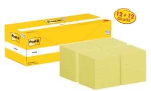 Post-It Pack de 24 Blocs de 100 Notas Adhesivas Reposicionables - Forma Cuadrada - 76x76mm - Color Amarillo Claro