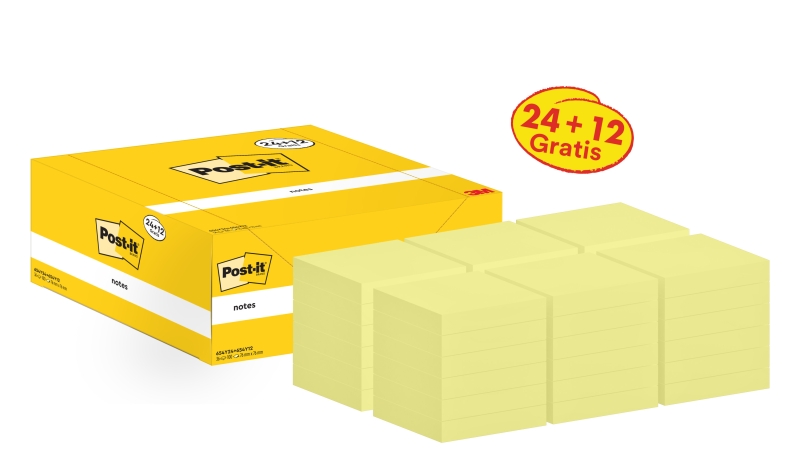 Post-It Pack de 36 Blocs de 100 Notas Adhesivas Reposicionables - Forma Cuadrada - 76x76mm - Color Amarillo Claro
