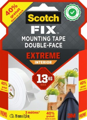 Scotch-Fix Cinta de Montaje para Interior Extremo de Doble Cara - Promocion 40% Gratis - 19 mm x 3m - Color Blanco