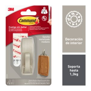 Command Gancho Metalico Mediano - Estilo Moderno - 2 Tiras Adhesivas - Soporta hasta 1.3kg - Color Niquel Pulido