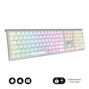 Subblim Teclado Inalambrico Master - Bluetooth y 2.4G - Iluminado - Teclas Ergonomicas de Bajo Perfil - Color Blanco Plata