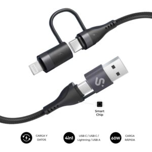 Subblim Cable Top 4 en 1 - USB-A USB-C Lightning - 60W - Nylon Trenzado - Carga Rapida - 1 Metro