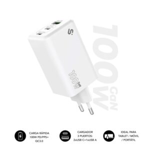 Subblim Cargador de Pared GaN 100W - 3 Puertos (2xUSB-C + 1xUSB-A) -  Carga ultra rápida - Color Blanco