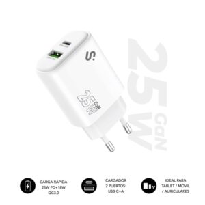 Subblim Cargador de Pared GaN 25W - USB-C + USB-A -  Carga rápida - Color Blanco