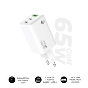 Subblim Cargador de Pared GaN 65W - 3 Puertos (2xUSB-C + 1xUSB-A) -  Carga ultra rápida - Color Blanco