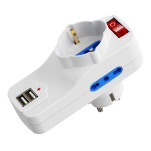 Ewent Regleta de 3 Tomas de Pared - 3x Tomas Italianas Tipo L/ Schuko de 10/16A - 2 Tomas L + 1 Toma L/F (Schuko) - 2x USB-A - Interruptor On/Off - Proteccion Infantil - Enchufe Schuko - Color Blanco