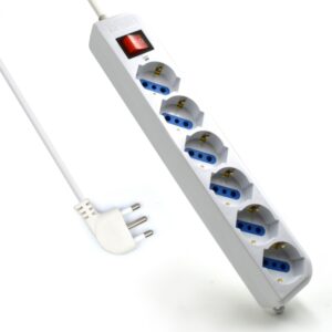 Ewent Regleta con 6 Tomas Tipo L/F (Schuko) de 10/16A - Interruptor On/Off - Proteccion contra Sobretensiones - Enchufe Italiano Plano en Angulo - Proteccion Infantil - Cablo de 5m - Color Blanco