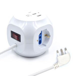 Ewent Regleta con 6 Tomas de Sobremesa en Forma de Cubo - 3 Tomas L/F (Schuko) - 2x USB-A - 1x USB-C - Enchufe Italiano Plano en Angulo - Interruptor On/Off - Cable de 1.5m - Color Blanco