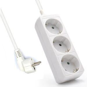 Ewent Regleta de 3 Tomas Schuko 16A - Proteccion Infantil - Cable de 1.5m - Enchufe Schuko Plano en Angulo - Color Blanco