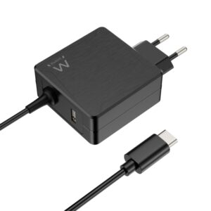 Ewent Cargador de Pared USB-C de 65W - Power Delivery - USB-A Extra - Cable de 1.5m - Proteccion Electrica - Color Negro