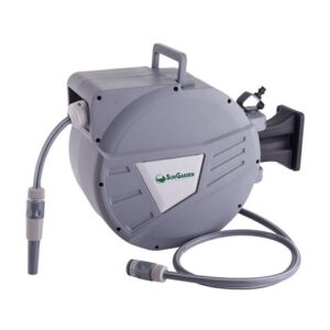 Sungarden SG0165 Manguera 20 Metros - Recogedor Automatico con Guia - Funcion de Retraccion Lenta - Soporte Para Instalacion en Pared - Giro 180 - Color Gris